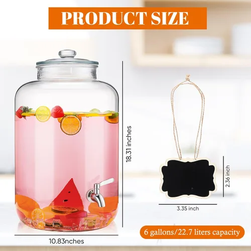 Miniatura 2 de Baderke Dispensador de bebidas de vidrio de 6 galones para fiestas, dispensador de agua de vidrio con espiga de acero inoxidable 18/8 a prueba