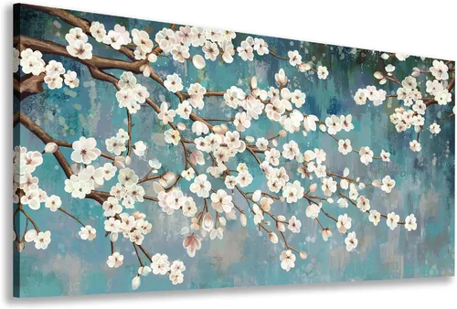 Miniatura 7 de Shoci Arte de pared de árbol de flores, lienzo grande de ramas florales blancas y marrones para sala de estar, pintura rústica, verde azulado