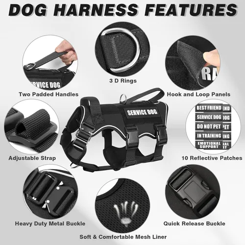 Miniatura 9 de Juego de chaleco y correa táctico para perro de servicio, arnés resistente con hebillas de metal para perros de tamaño mediano, chaleco ajustable