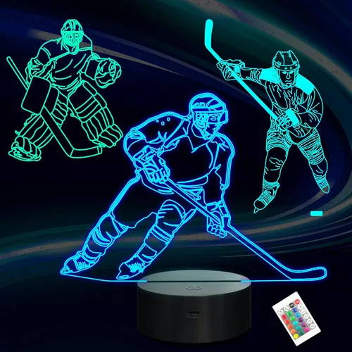 Lampeez - Luz nocturna de jugador de hockey sobre hielo 3D para niños, lámpara de ilusión óptica con 16 colores, control remoto, cambio de color,