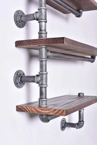 Miniatura 5 de Estantería de tubo industrial Pipe, madera moderna rústica, 3 estantes de pared de tubos escalonados, tubo de hierro forjado, estantería de diseño