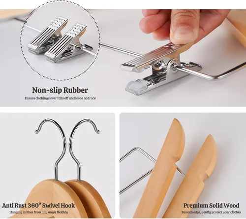 Miniatura 3 de HOUSM - Paquete de 16 perchas de madera para faldas con clips, perchas de madera maciza para pantalones, acabado natural, acabado liso, madera