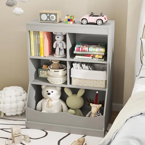 Miniatura 7 de LDAILY Estantería para niños, muebles de dormitorio para niños con 4 cubos, 1 compartimento abierto, estantería de guardería con dispositivo Gris