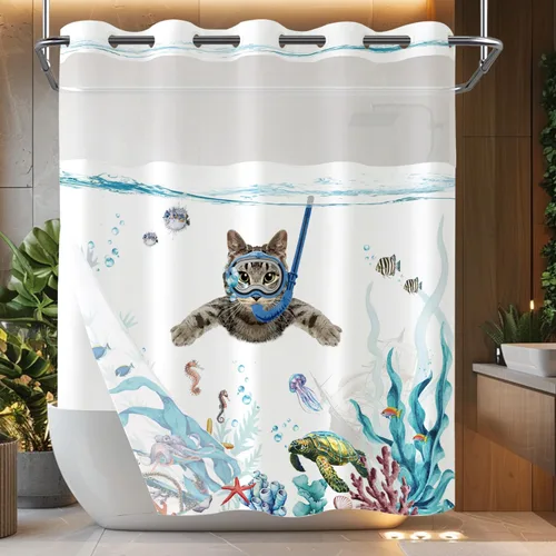 Miniatura 32 de Cortina de Ducha Divertida de Gato Lindo Divertido Árbol de Gato de Dibujos Animados Cortinas de Ducha para Baño Boho Anime Gatitos Niños Granja
