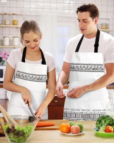 Miniatura 2 de Waterproof Apron with 2 Pockets, Boho Style Black White Geometric Pattern Adjustable Man and Women Kitchen Bib Apron for Baking Cooking Restaurant