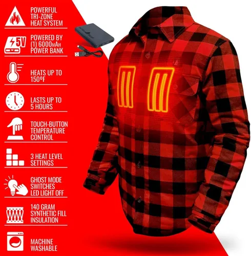 Miniatura 5 de ActionHeat Camisa de franela calentada con batería de 5 V - Sistema de calefacción de tres zonas, 3 ajustes de calor, paneles de calefacción