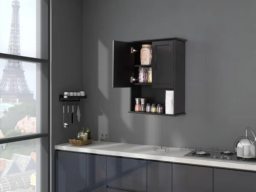 Miniatura 6 de VANIRROR Armario de pared de baño negro de 23 x 29 pulgadas, botiquín de madera con 2 puertas y estante ajustable, armario montado en la pared sobre