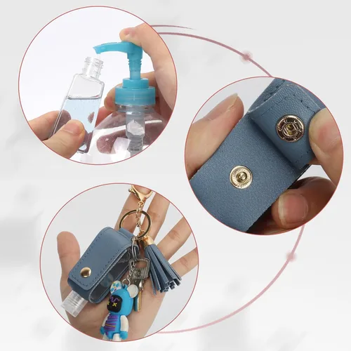Miniatura 3 de Unaone Llavero desinfectante de manos de 1 onza/1.0 fl oz, tamaño de viaje, botella pequeña de cuero para artículos de tocador, loción, champú Azul