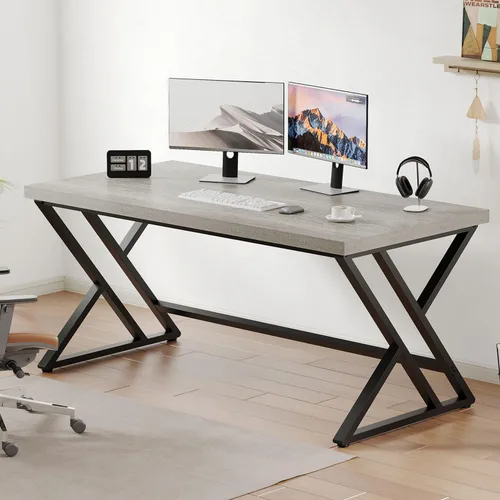 Miniatura 13 de LVB Escritorio Moderno Blanco para Computadora, Escritorio Industrial Largo para Oficina en Casa para Estudiante, Escritorio Grande de Metal y Roble