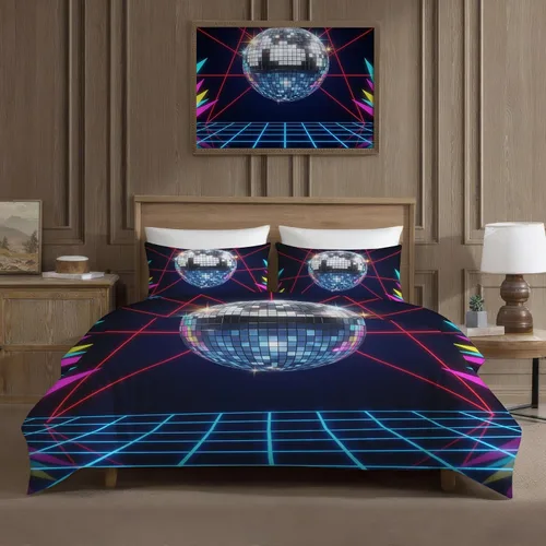 Miniatura 2 de Retro Disco Ball Duvet Cover Twin Size - Synthwave Neon Grid Bedding Set & Bedroom Decor, 2 Piece, Soft Microfiber Reversible Comforter Cover & 1