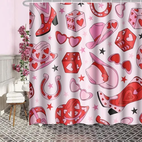 Miniatura 2 de Juego de cortinas de ducha de baño con 12 ganchos, corazón de vaquera rosa de San Valentín, decoración de baño, retro años 60 y 70 S, estética