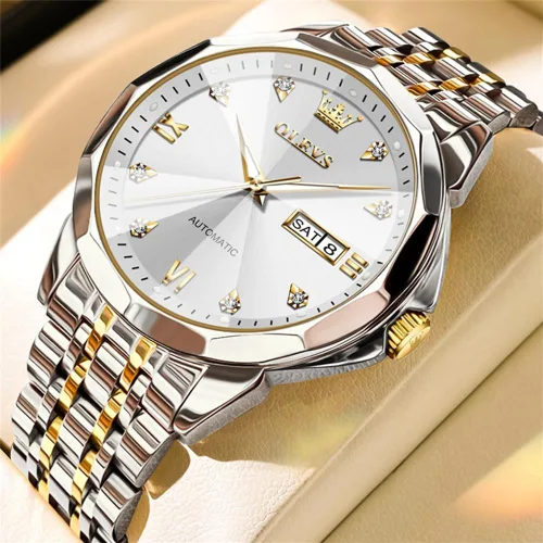 Miniatura 34 de OLEVS Reloj de pulsera automático con diseño de esqueleto para hombre, de lujo, con diamantes de lujo, de acero inoxidable, calendario, reloj