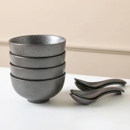 Miniatura 2 de Stone + Lain Valencia - Juego de 8 cuencos redondos y cucharas de porcelana, color gris metálico