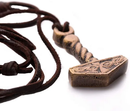 Miniatura 5 de Norse Tradesman Collar de martillo de Thor, colgante de latón macizo con cordón ajustable de cuero genuino, Latón