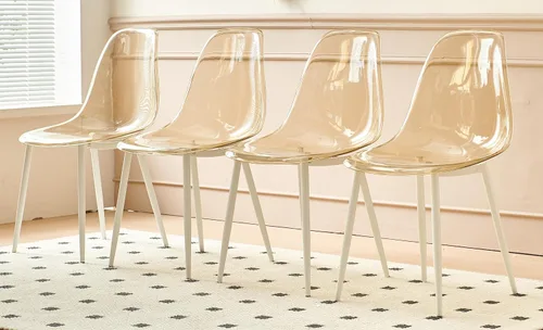 Juego de 4 sillas de comedor amarillas transparentes, asiento moderno minimalista de plástico PP transparente con patas de metal para cocina y sala