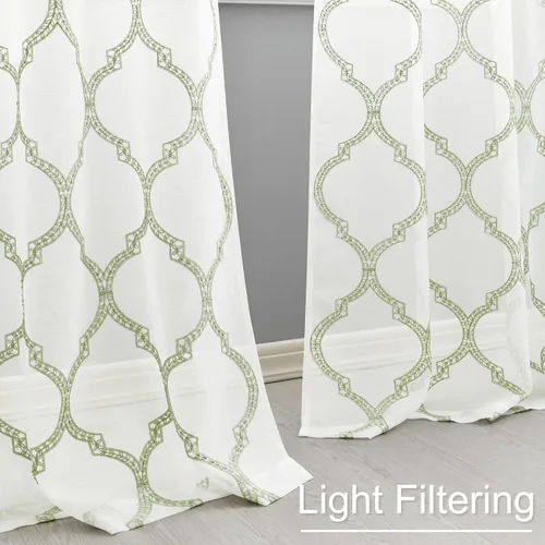 Miniatura 6 de DWCN - Cortinas traslúcidas verde salvia de lino sintético con diseño marroquí bordado - Cortinas de lino sintético semi voile para dormitorio