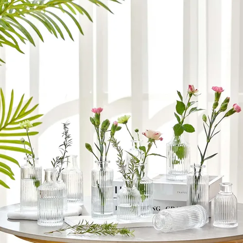 Miniatura 6 de Juego de 12 jarrones de vidrio acanalado para flores a granel, mini jarrones acanalados para centro de mesa, mesa decorativa, boda, recepción