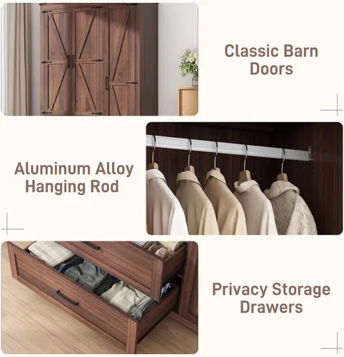 Miniatura 5 de Hlivelood Armario de 3 puertas con puertas y cajones, armario de madera de granja con estantes y barra para colgar para dormitorio, color marrón