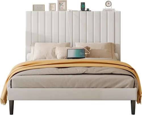 Miniatura 7 de LUXOAK Base de cama tamaño Queen tapizada en terciopelo con estación de carga, soporte de listones de madera, base de colchón, somier opcional