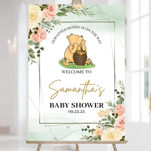 Letrero de bienvenida personalizado de Pooh, cartel de bienvenida al baby shower, baby shower de oso Pooh, revelación de género, decoraciones de