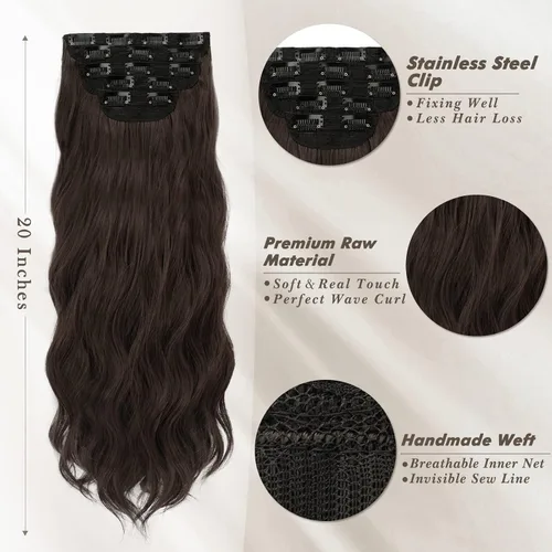 Miniatura 3 de BARSDAR Extensiones de cabello ondulado con clip, color marrón chocolate oscuro, extensiones de cabello con clip de 20 pulgadas para mujer, 5 piezas