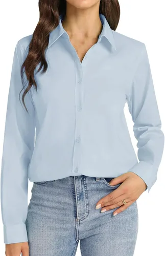 Miniatura 9 de Camisas de vestir para mujer, de manga larga, con botones, formales, sin arrugas, lisas, para trabajo, negocios, oficina, tops básicos