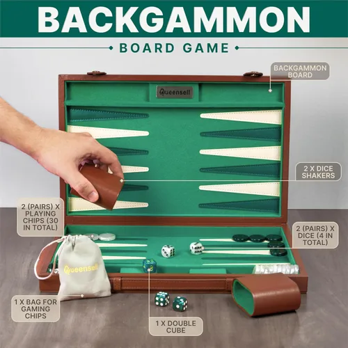 Miniatura 5 de Juego de backgammon premium de 15 pulgadas para adultos – Tablero clásico de backgammon de gamuza sintética con 32 fichas, vasos para dados y cubo