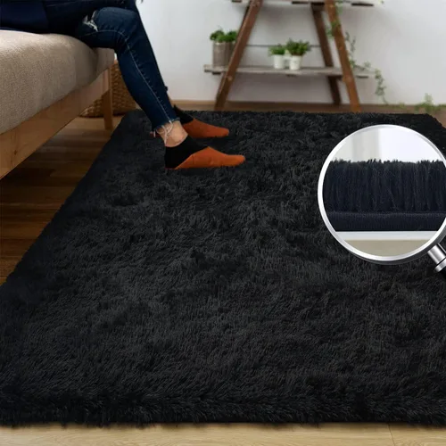 Miniatura 2 de DweIke Alfombras Negras Esponjosas para Dormitorio y Sala de Estar, 3x5 Pies Alfombra Suave de Felpa Shaggy Oscura para Niñas y Niños, Negro