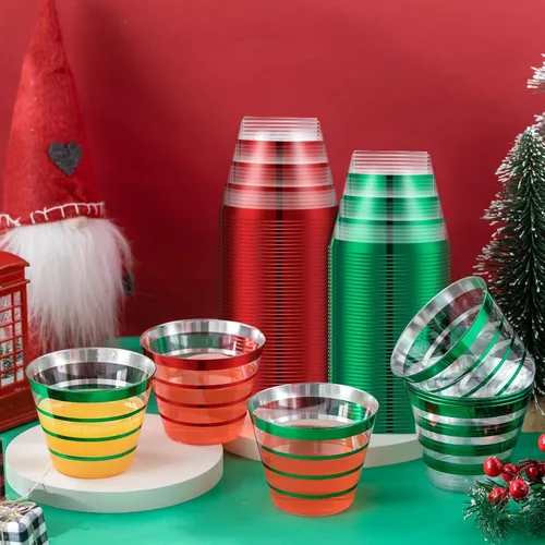 Miniatura 7 de Gejoy 100 vasos de plástico de 9 onzas con borde de Navidad a rayas, desechables a granel, vasos de plástico duro para beber, vasos para bodas, Rojo