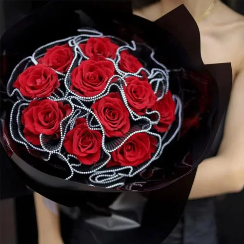 Miniatura 6 de BENECREAT 1.33 metros de papel de malla para envolver flores negro, papel de embalaje para ramo con borde de perlas, translúcido arrugado