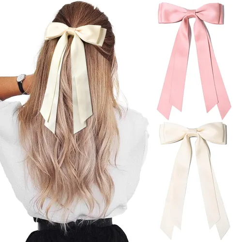 Miniatura 35 de Aileam 2 piezas lazos de cabello de satén sedoso, pinza para cabello, cinta blanca para cabello, sujetador de cola de caballo, accesorios, Blanco