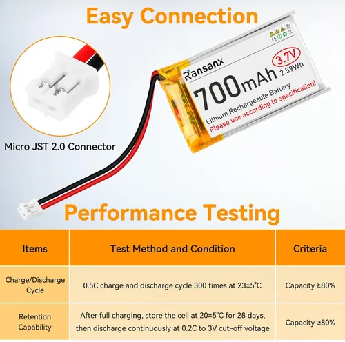 Miniatura 3 de Batería Lipo de 3.7 V 700 mAh 702540 Batería recargable de polímero de litio con conector Micro JST 2.0 Circuito de protección integrado