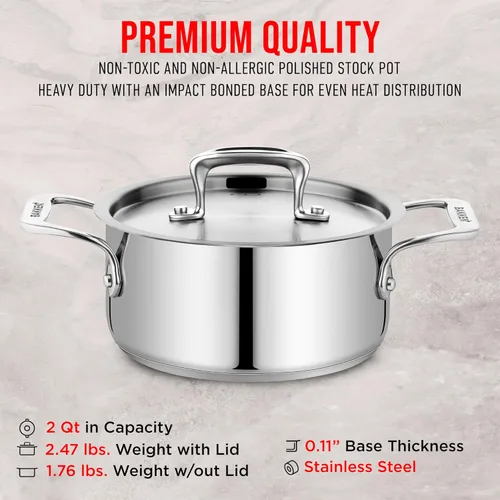 Miniatura 6 de Olla de acero inoxidable con tapa de 2 cuartos, acero inoxidable 18/8 duradero, base con unión por impacto para calentamiento uniforme, asas