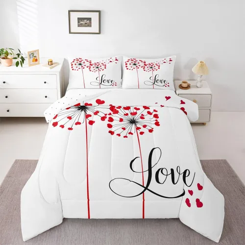 Miniatura 11 de Juego de edredón de San Valentín para parejas, juegos de ropa de cama rojo y blanco para niños, niñas, adolescentes, con texto en inglés "I Love