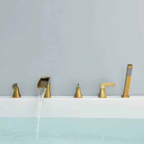 Miniatura 9 de Grifo de bañera romana, relleno de bañera de cascada de oro cepillado, grifos de baño de latón de 5 agujeros con ducha de mano