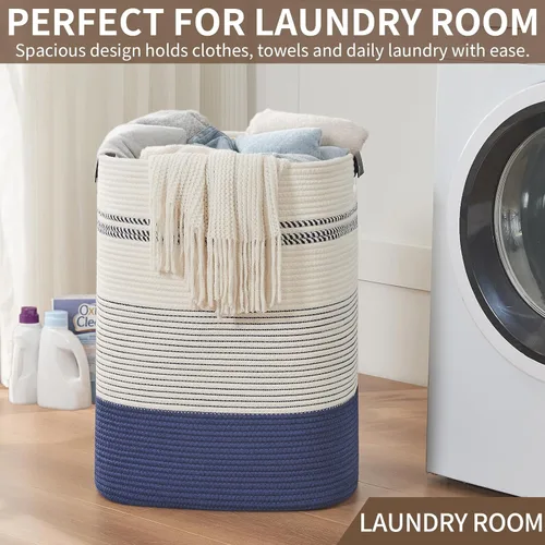 Miniatura 5 de AINUOQI Cesta de lavandería grande – Cesta alta de cuerda tejida con asas de cuero – Cesta de ropa sucia para sala de estar, dormitorio, 17.8 x 13.8