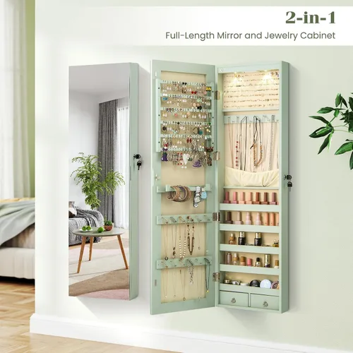 Miniatura 61 de Giantex Armario de joyería para puerta de pared con espejo de longitud completa, 2 LED con cerradura grande organizador de joyas con espejo ancho
