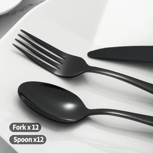 Miniatura 3 de Juego de cubiertos de 24 tenedores y cucharas para 12, tenedores y cucharas de acero inoxidable negro, cuchara duradera de 8 pulgadas y tenedor