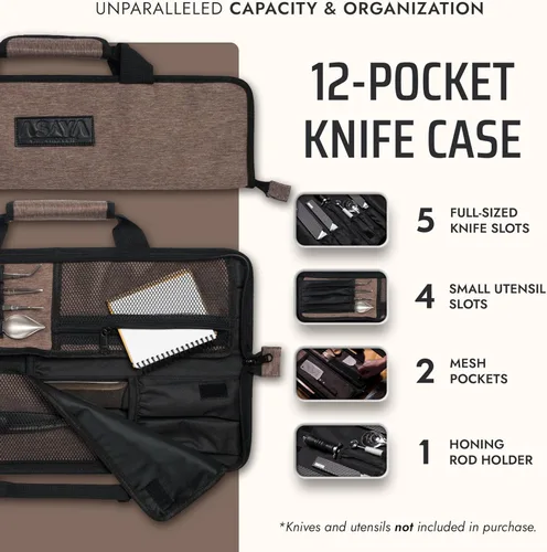 Miniatura 2 de Asaya - Bolsa enrollable para cuchillos de chef - 12 bolsillos para cuchillos y utensilios de cocina - Nylon ligero, duradero y resistente a manchas