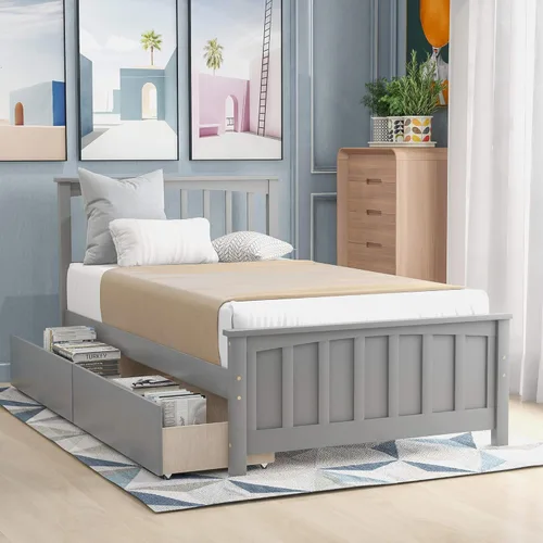 Miniatura 12 de Marco de cama moderno de madera maciza con cajones, plataforma de cama con soporte de listones de madera, no necesita somier, tamaño individual