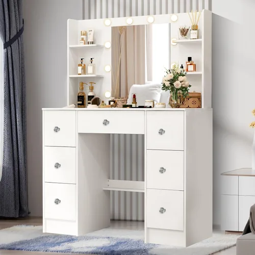 Miniatura 18 de Espejo de tocador con luces, escritorio y silla, 5 cajones y gabinete, mesa de maquillaje con espejo grande HD, 3 modos de iluminación, mesa