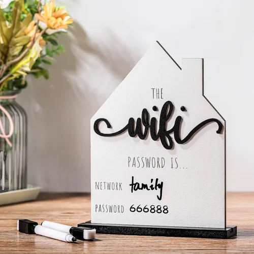 Letrero de Contraseña con Patrón WiFi para Invitados Hogar Mesa de Madera Letrero de Patrón WiFi de Madera con Tablero Pluma Borrable Pizarra