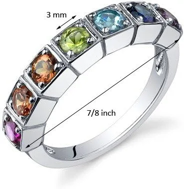Miniatura 3 de Peora Anillo de plata de ley 925 con piedras preciosas auténticas y creadas, color arcoíris de 7 piedras, tallas 5 a 9, Metal precioso Piedra
