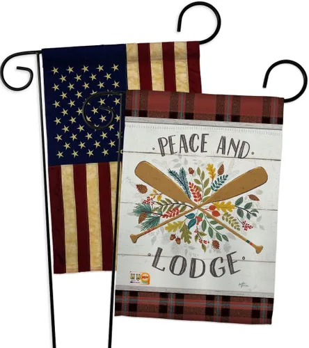 Peace And Lodge Garden Flags Pack Outdoor Rustic Lake Cabin Moose Wildlife Adventure Forest USA Vintage Applique Small Decorative Gift Yard House