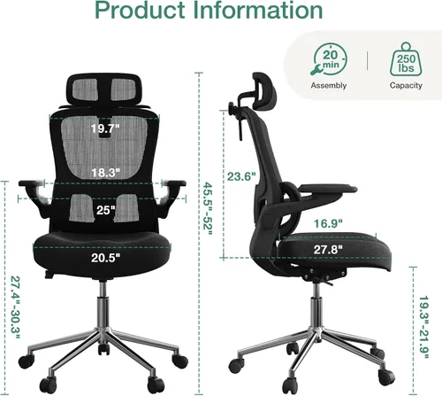 Miniatura 2 de Novilla Silla de oficina ergonómica, silla de escritorio de malla de respaldo alto con cojín de espuma moldeada gruesa, soporte lumbar ajustable