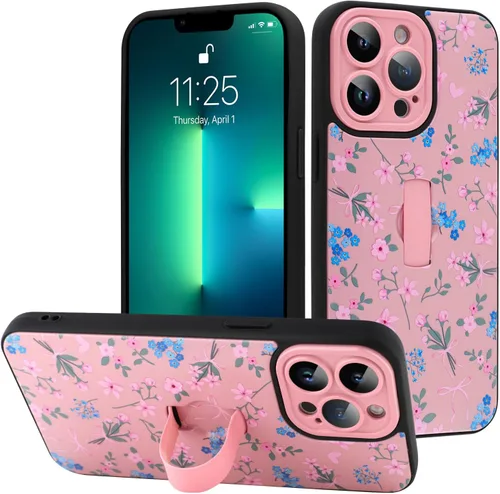 Miniatura 41 de Funda diseñada para iPhone 17 Pro Max con soporte plegable y correa para dedos, bonito patrón de lazo de corazón de flor rosa para mujeres y niñas