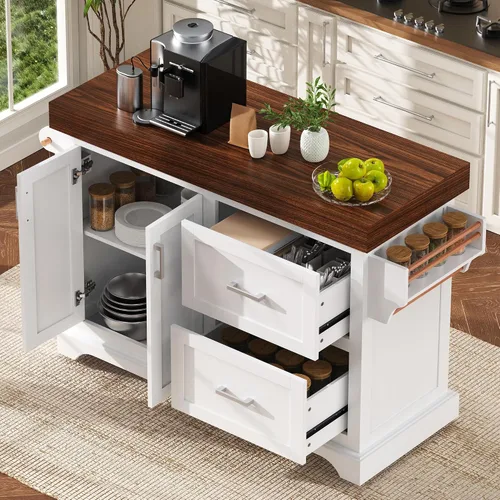 Miniatura 10 de LUMISOL Carrito de cocina con 2 cajones extra grandes, estante para especias y toallas, isla de cocina con escritorio de 3.5 pulgadas de grosor