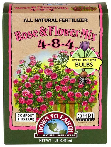 Down To Earth All Natural Fertilizers Mezcla orgánica de rosas y flores - Alimento vegetal para rosas, bulbos, flores y ornamentales 4-8-4, 1 libra