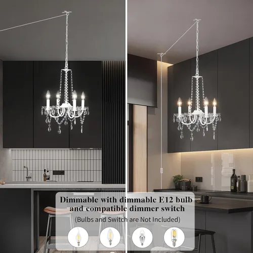 Miniatura 3 de ETONIMERR Lámpara de araña pequeña de cristal con enchufe Iluminación 4 luces Lámpara de araña moderna de cristal con cable de enchufe de 5.2 metros
