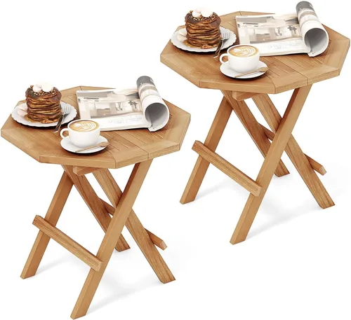 Miniatura 12 de RELAX4LIFE Mesa auxiliar plegable para exteriores, mesa auxiliar de madera de teca, mesa de café octogonal con mesa de listones, mesa de campamento